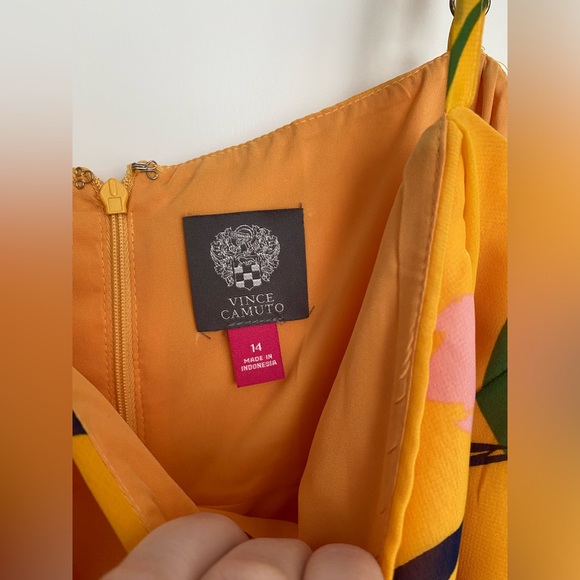 Vince Camuto Yellow Floral Midi Dress with Spaghetti Straps and Asymmetrical Hem - Picture 7 of 8